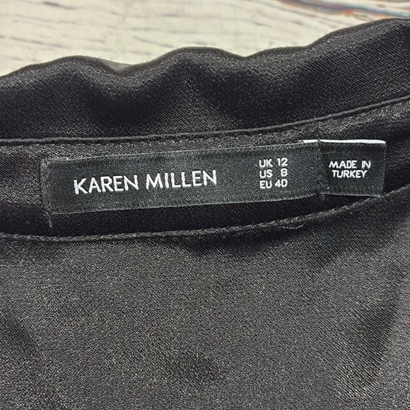 Karen Millen Satin Crepe Feather Trim Black Layered Black Blouse - Picture 3 of 11